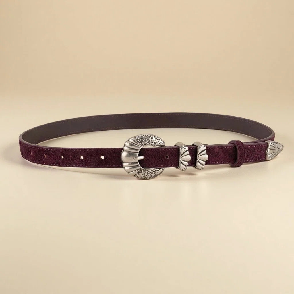Women's Western Belt - Suede Leather with Shell-Shape Silver Buckle