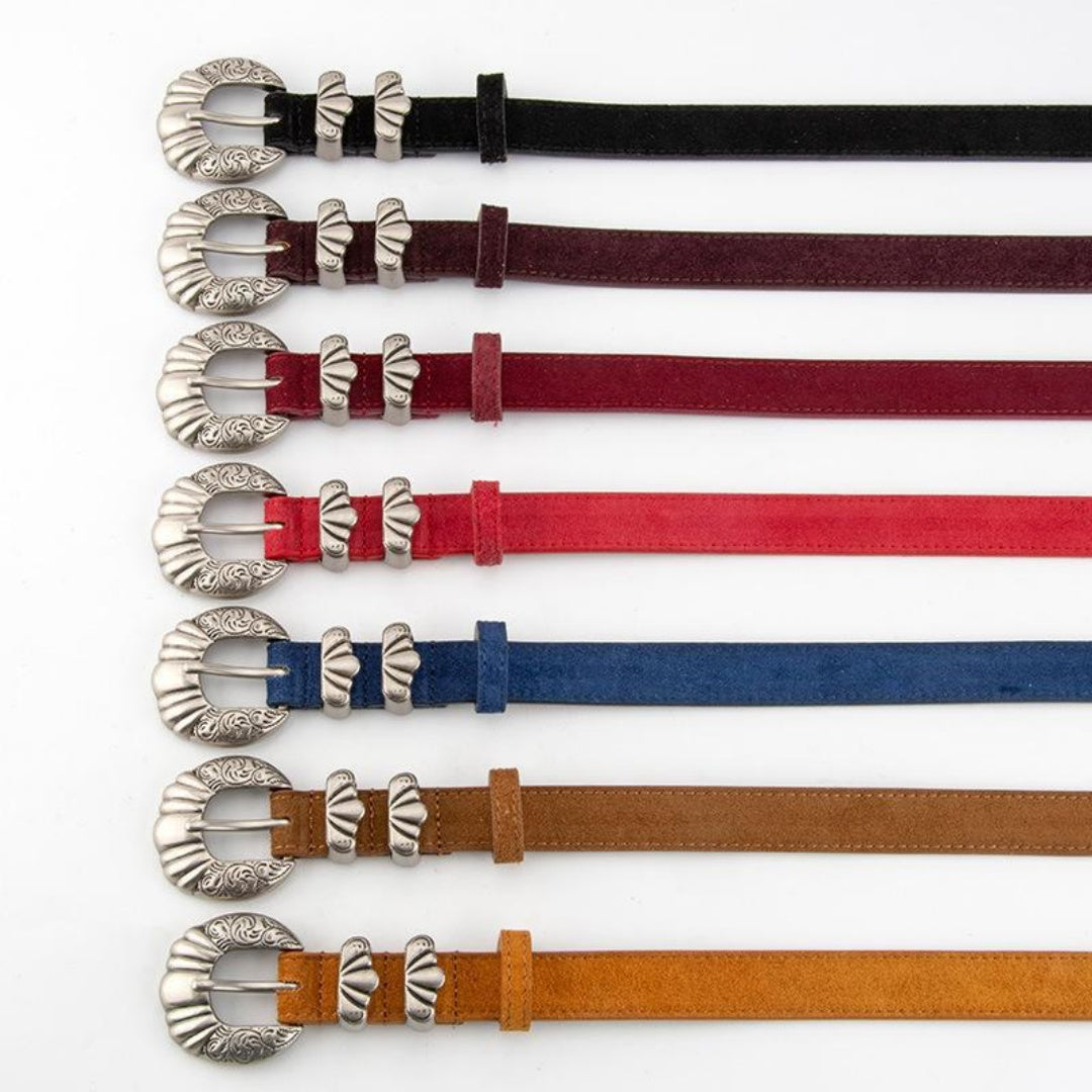 Women's Western Belt - Suede Leather with Shell-Shape Silver Buckle