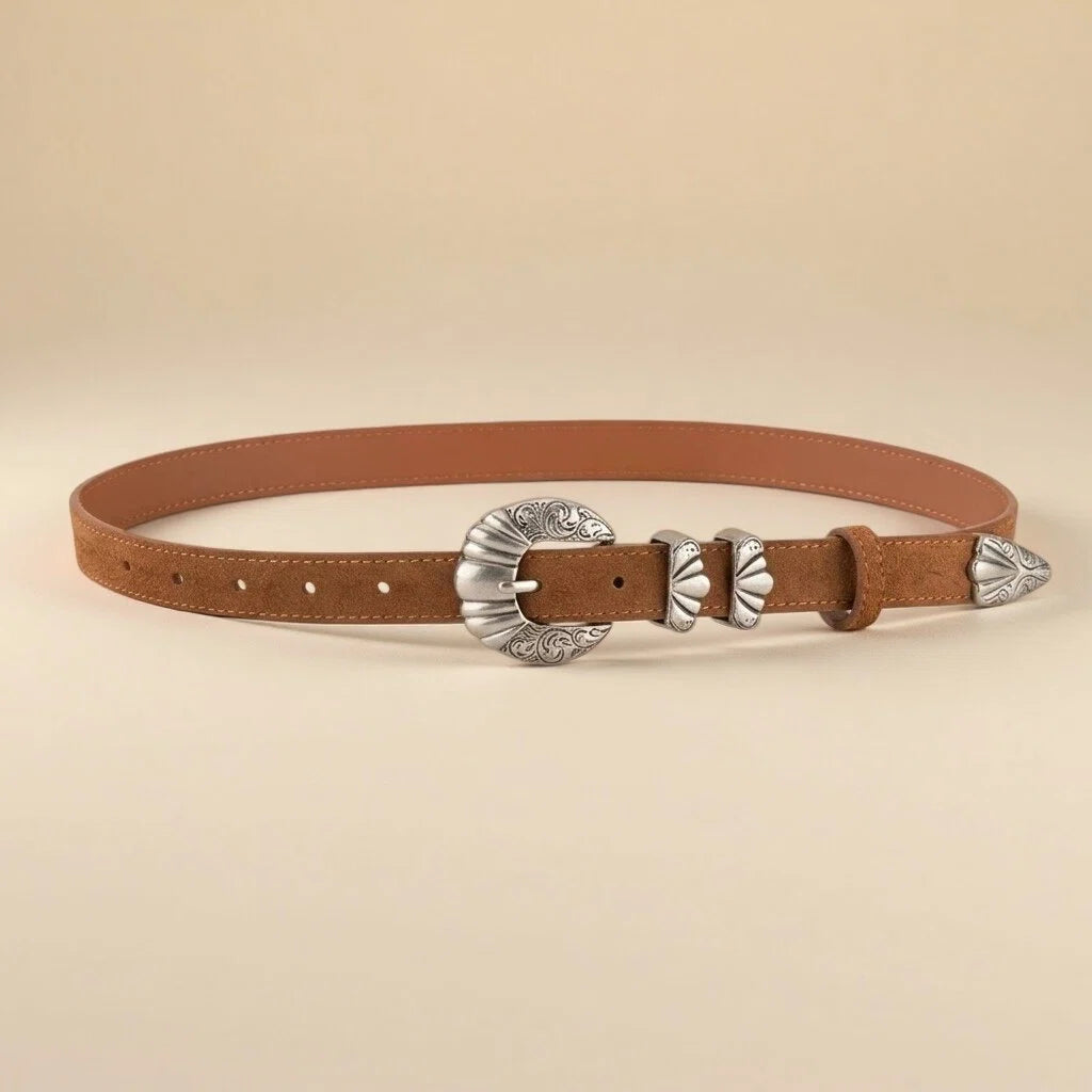 Women's Western Belt - Suede Leather with Shell-Shape Silver Buckle