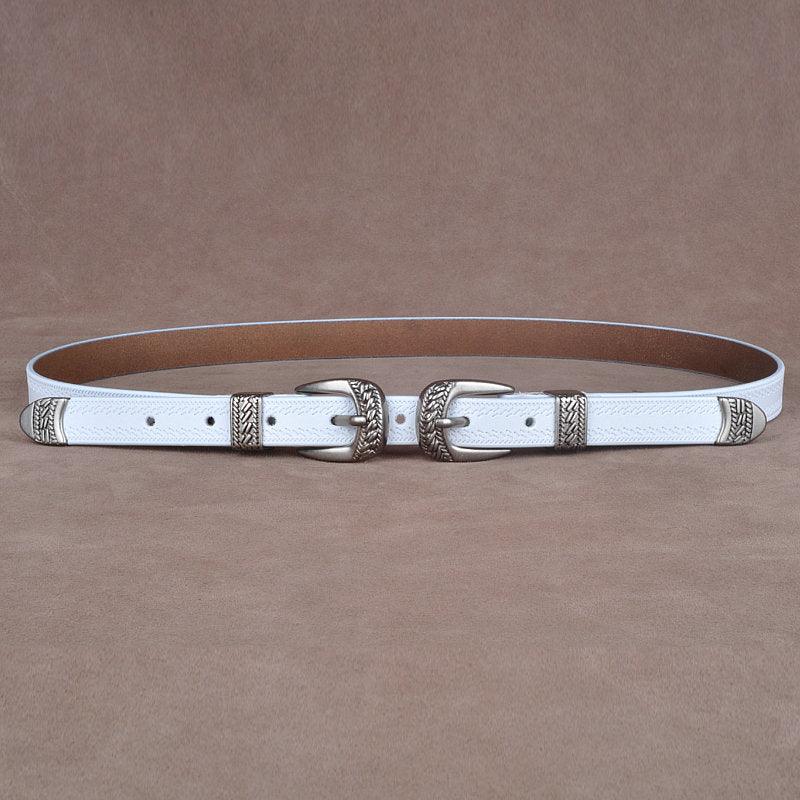Women’s Western Cowboy Belt-Leather Belt for Dresses-White Belt