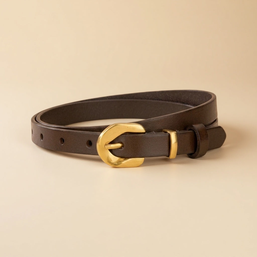 Black Leather Belt Gold Buckle-Irregular Pin Buckle-1.4 cm Slim Strap