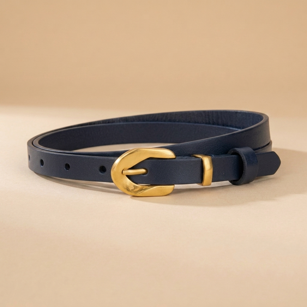 Black Leather Belt Gold Buckle-Irregular Pin Buckle-1.4 cm Slim Strap