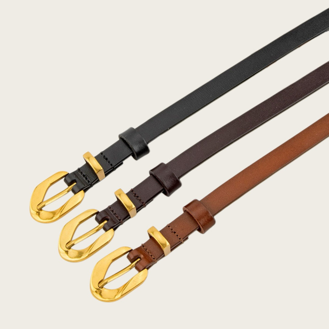 Black Leather Belt Gold Buckle-Irregular Pin Buckle-1.4 cm Slim Strap