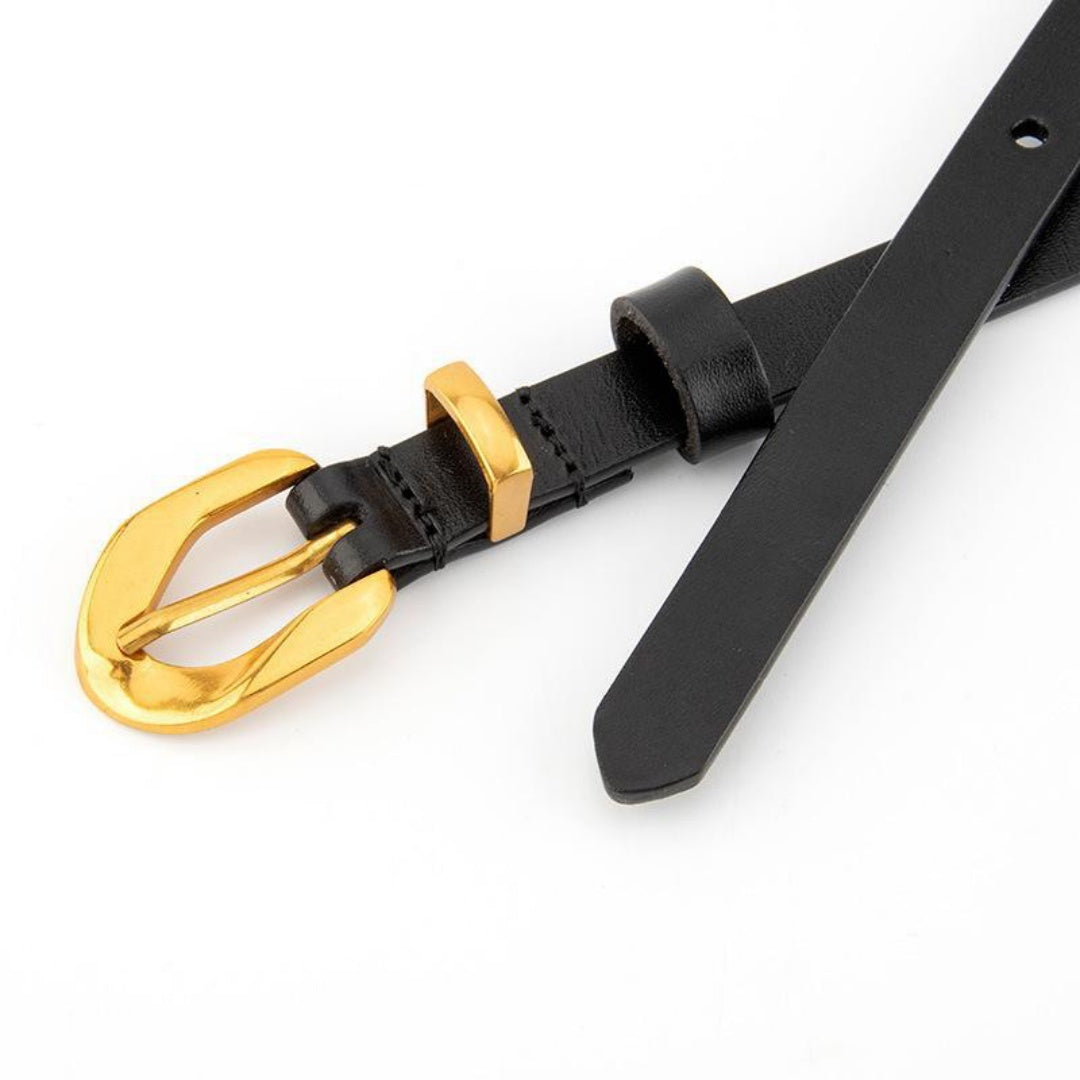 Black Leather Belt Gold Buckle-Irregular Pin Buckle-1.4 cm Slim Strap