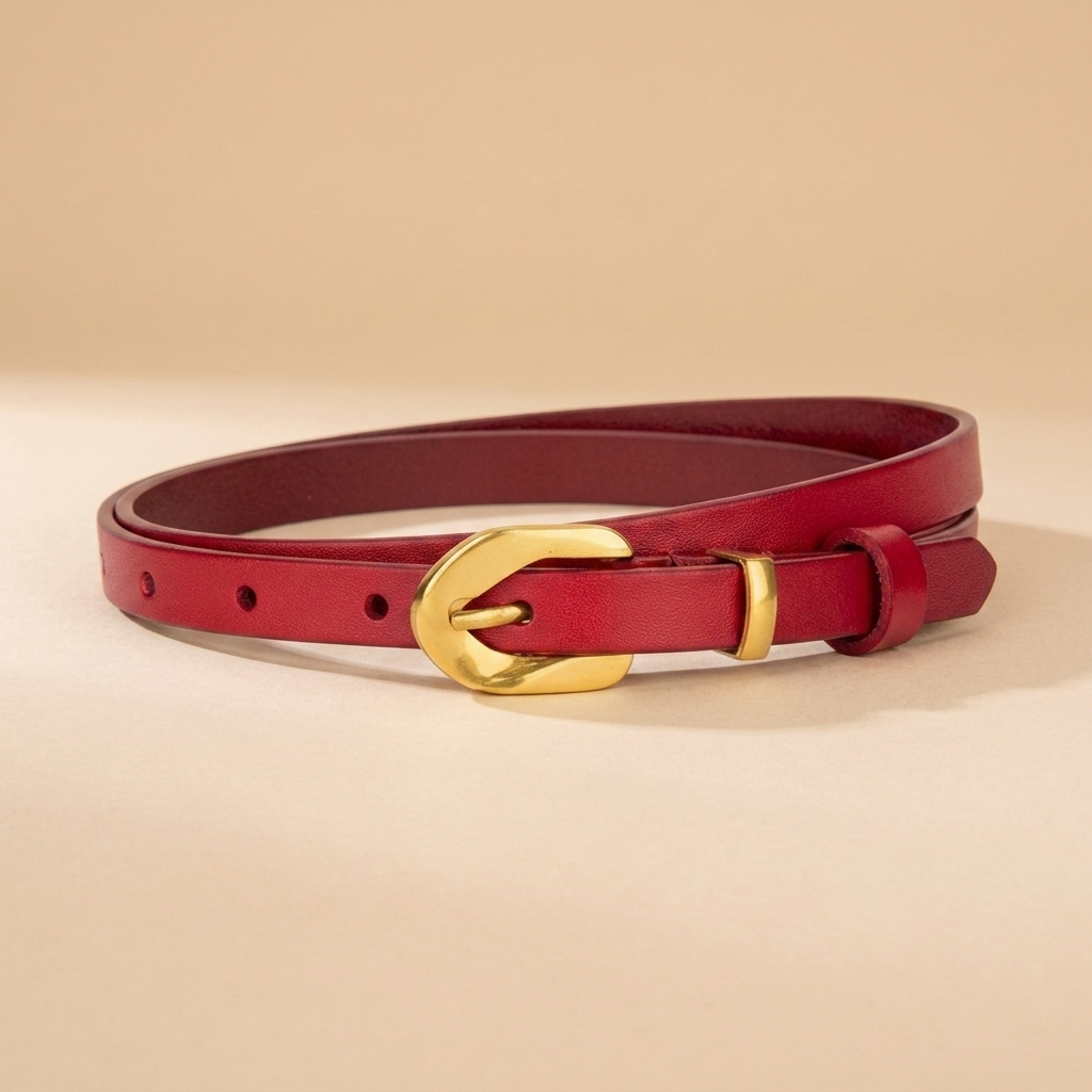 Black Leather Belt Gold Buckle-Irregular Pin Buckle-1.4 cm Slim Strap