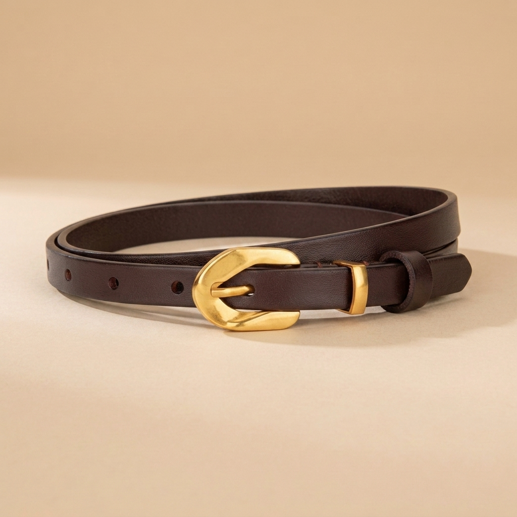 Black Leather Belt Gold Buckle-Irregular Pin Buckle-1.4 cm Slim Strap