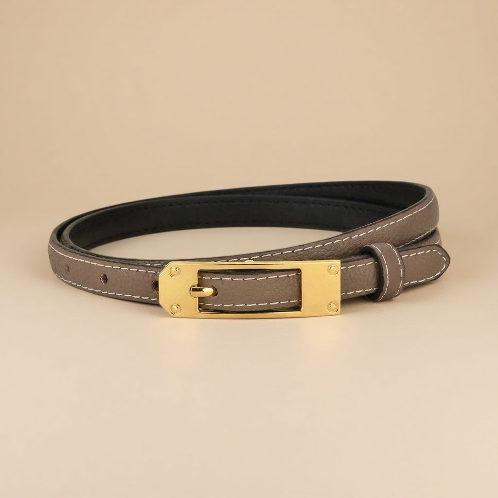 Black Leather Belt Gold Buckle - Slim Strap with Vintage Pin Buckle