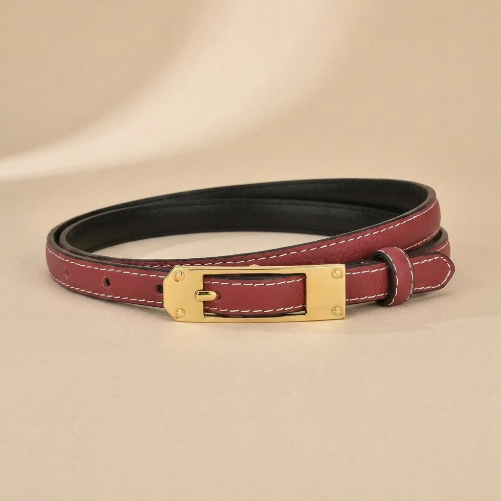 Black Leather Belt Gold Buckle - Slim Strap with Vintage Pin Buckle