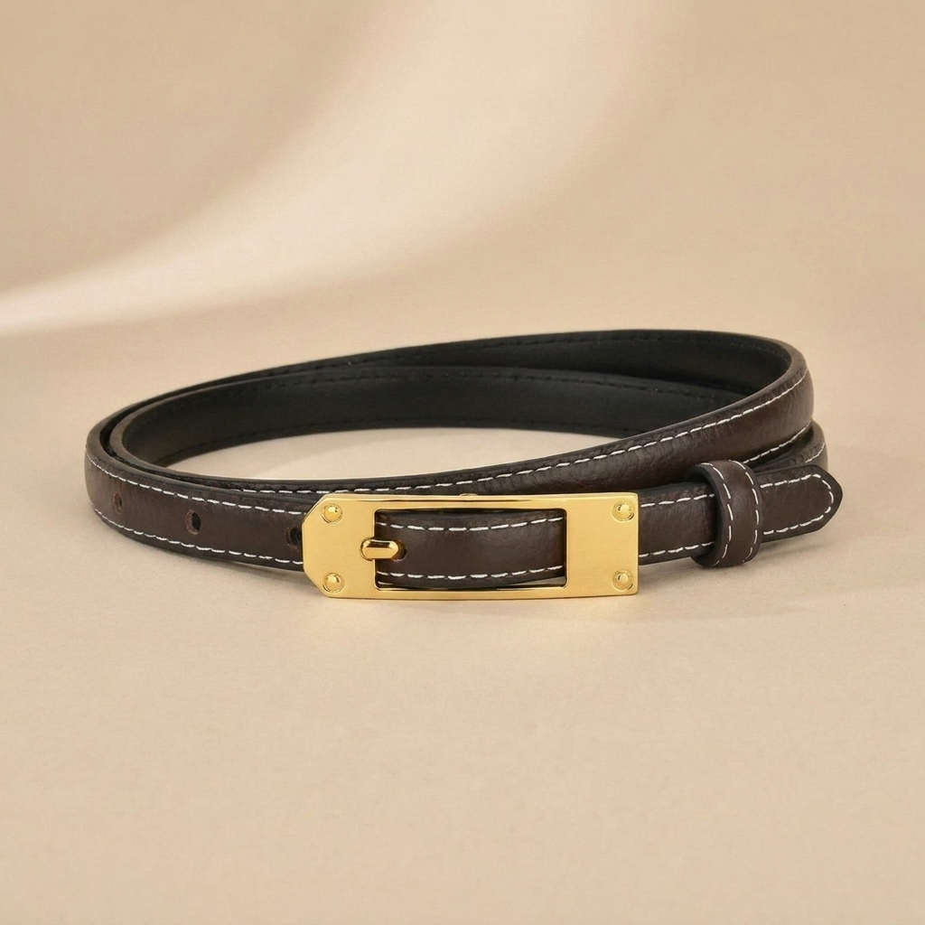 Black Leather Belt Gold Buckle - Slim Strap with Vintage Pin Buckle