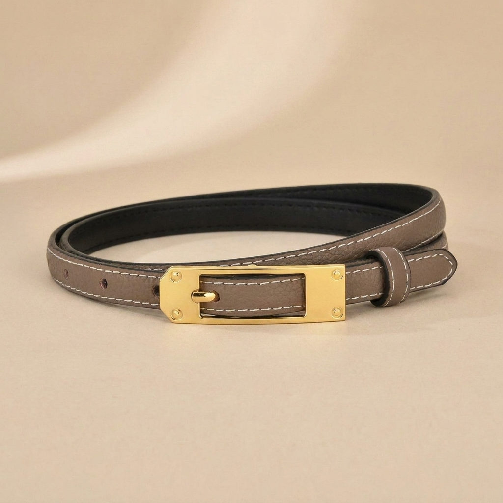 Black Leather Belt Gold Buckle - Slim Strap with Vintage Pin Buckle