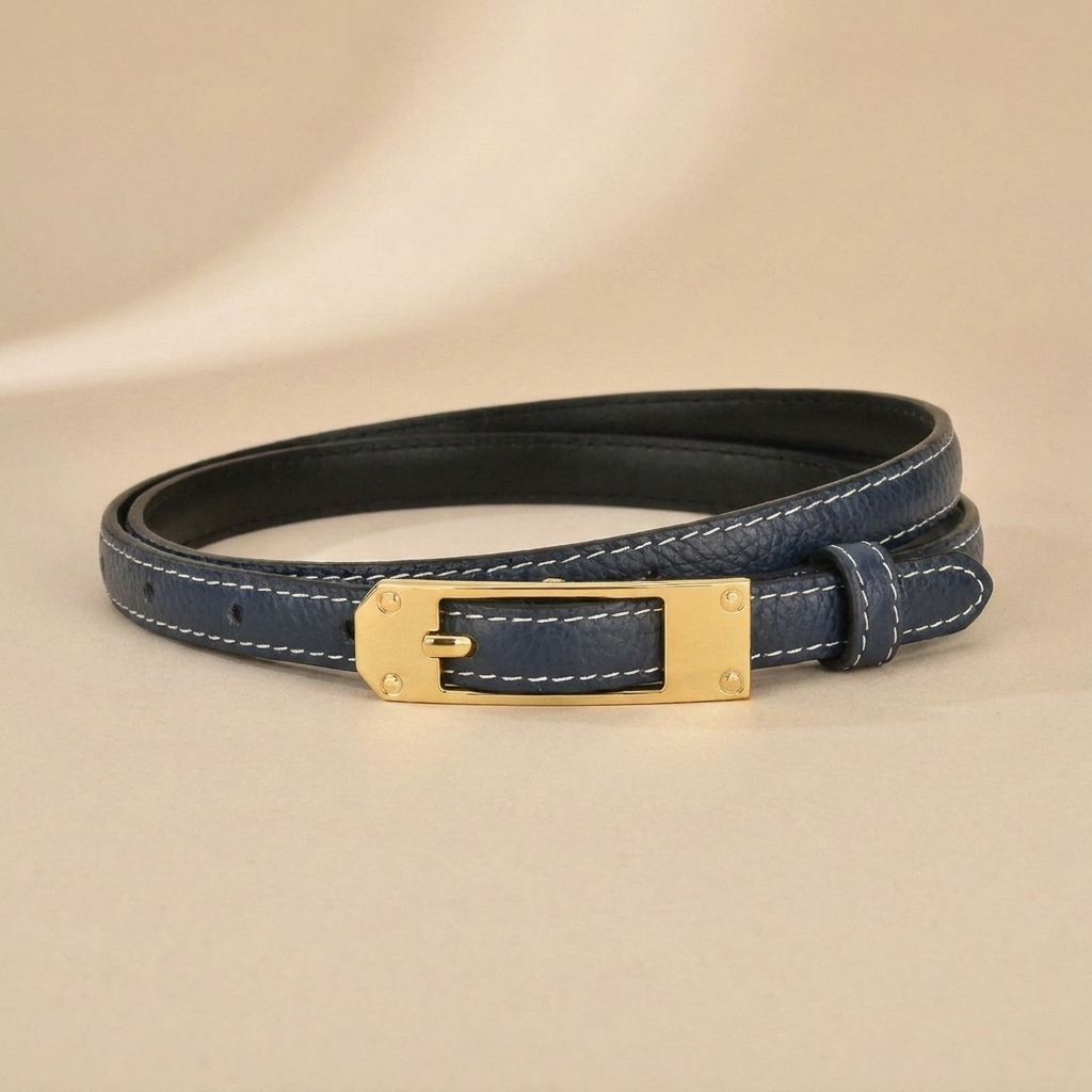 Black Leather Belt Gold Buckle - Slim Strap with Vintage Pin Buckle