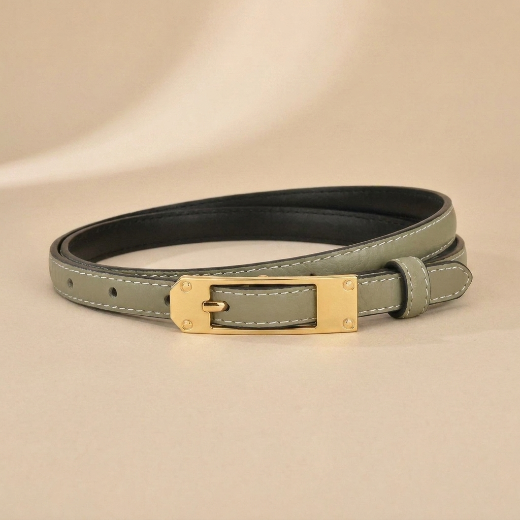 Black Leather Belt Gold Buckle - Slim Strap with Vintage Pin Buckle