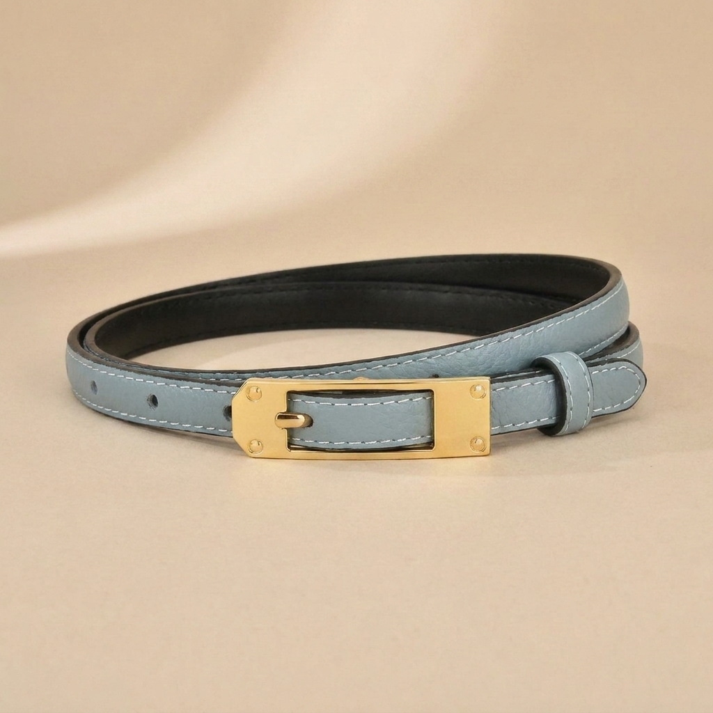 Black Leather Belt Gold Buckle - Slim Strap with Vintage Pin Buckle