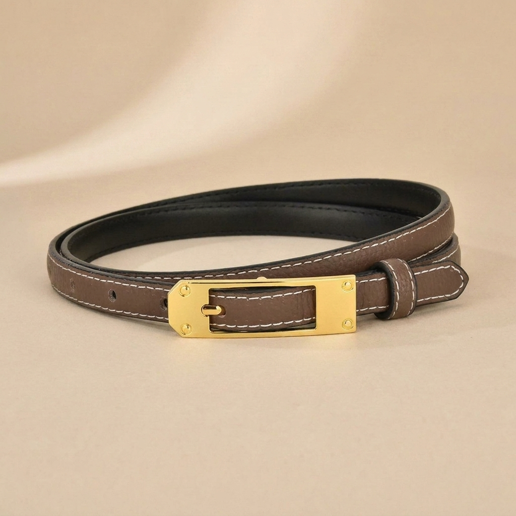 Black Leather Belt Gold Buckle - Slim Strap with Vintage Pin Buckle
