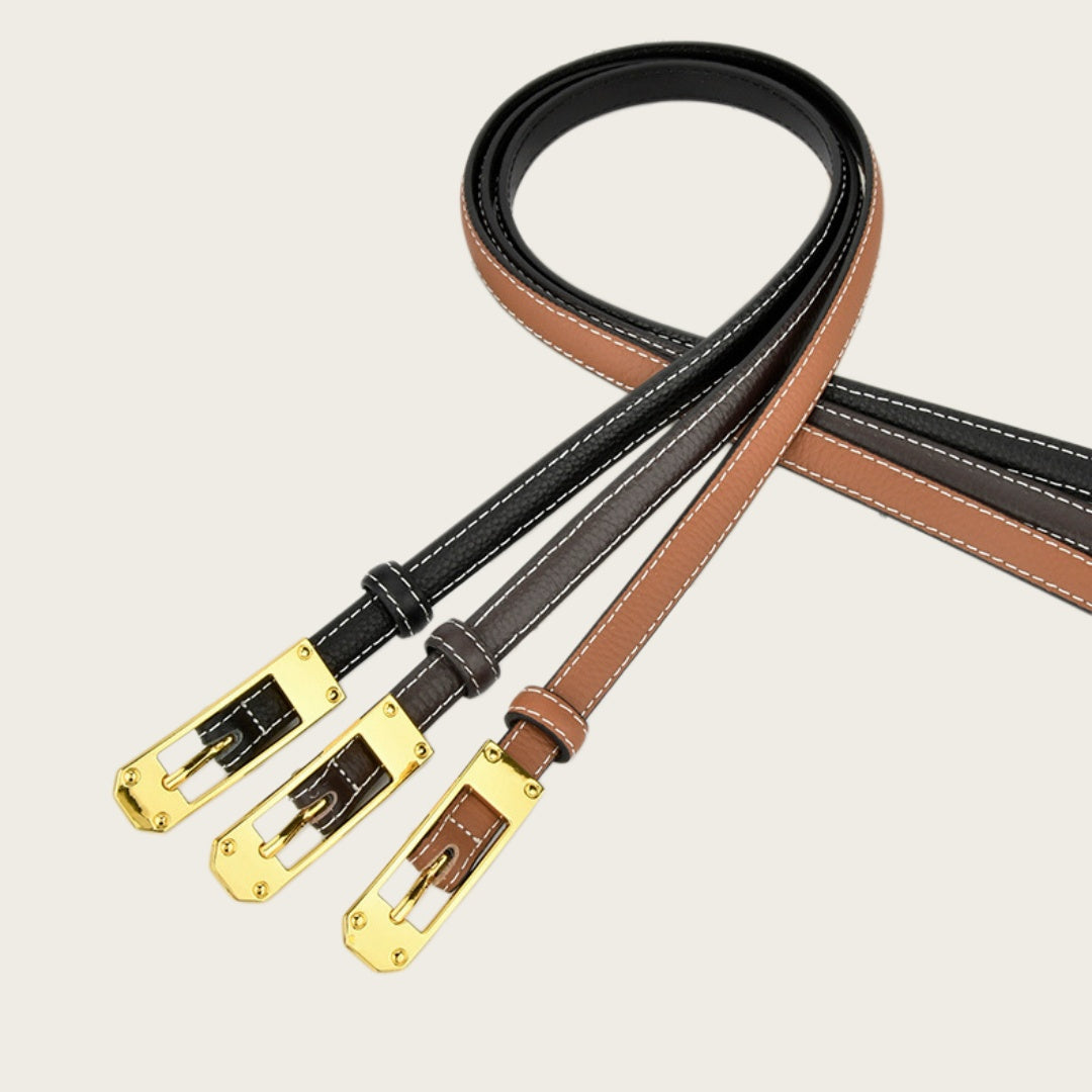 Black Leather Belt Gold Buckle - Slim Strap with Vintage Pin Buckle
