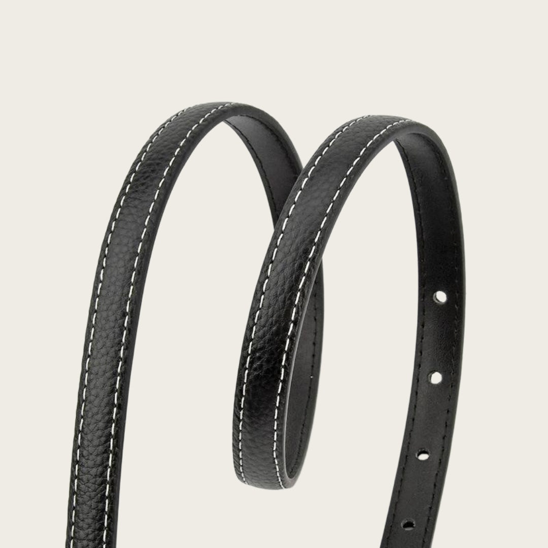 Black Leather Belt Gold Buckle - Slim Strap with Vintage Pin Buckle