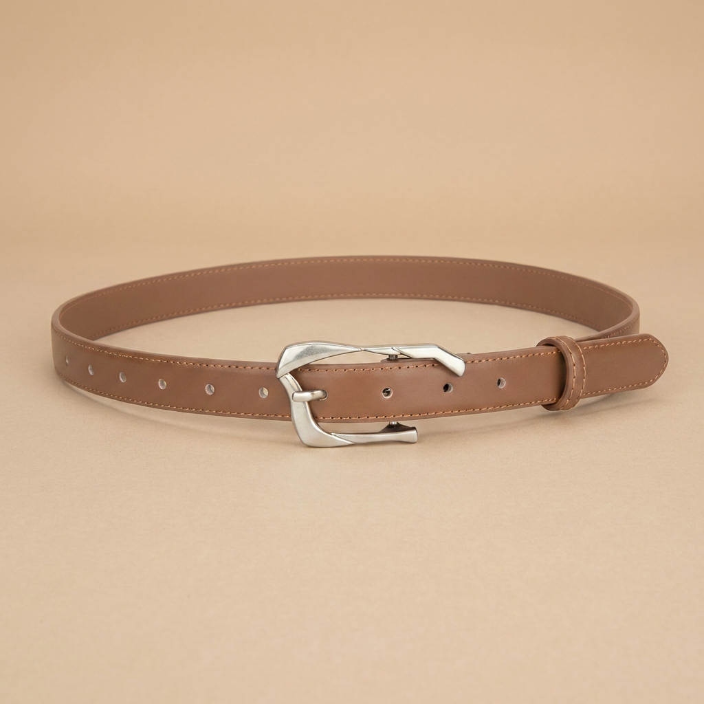 Black Leather Belt with Silver Buckle - Irregular Pin Buckle