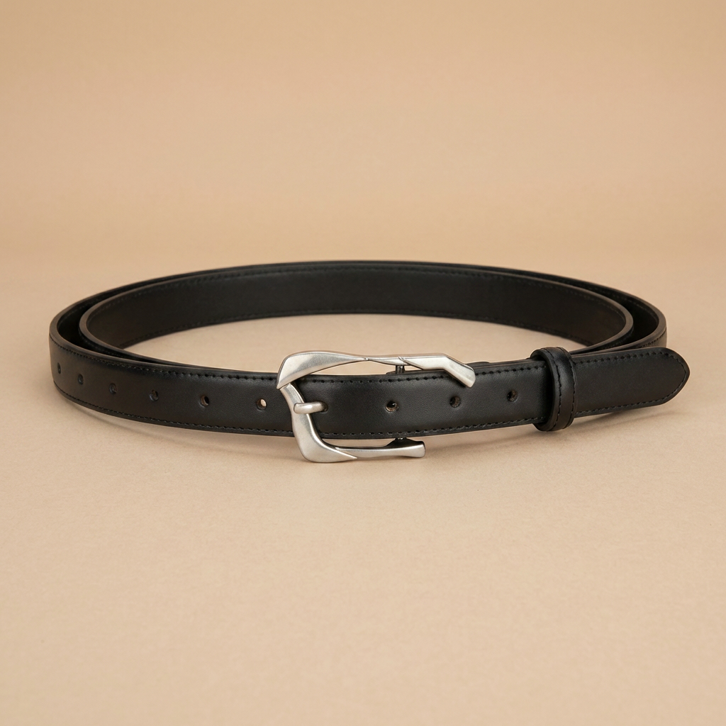 Black Leather Belt with Silver Buckle - Irregular Pin Buckle