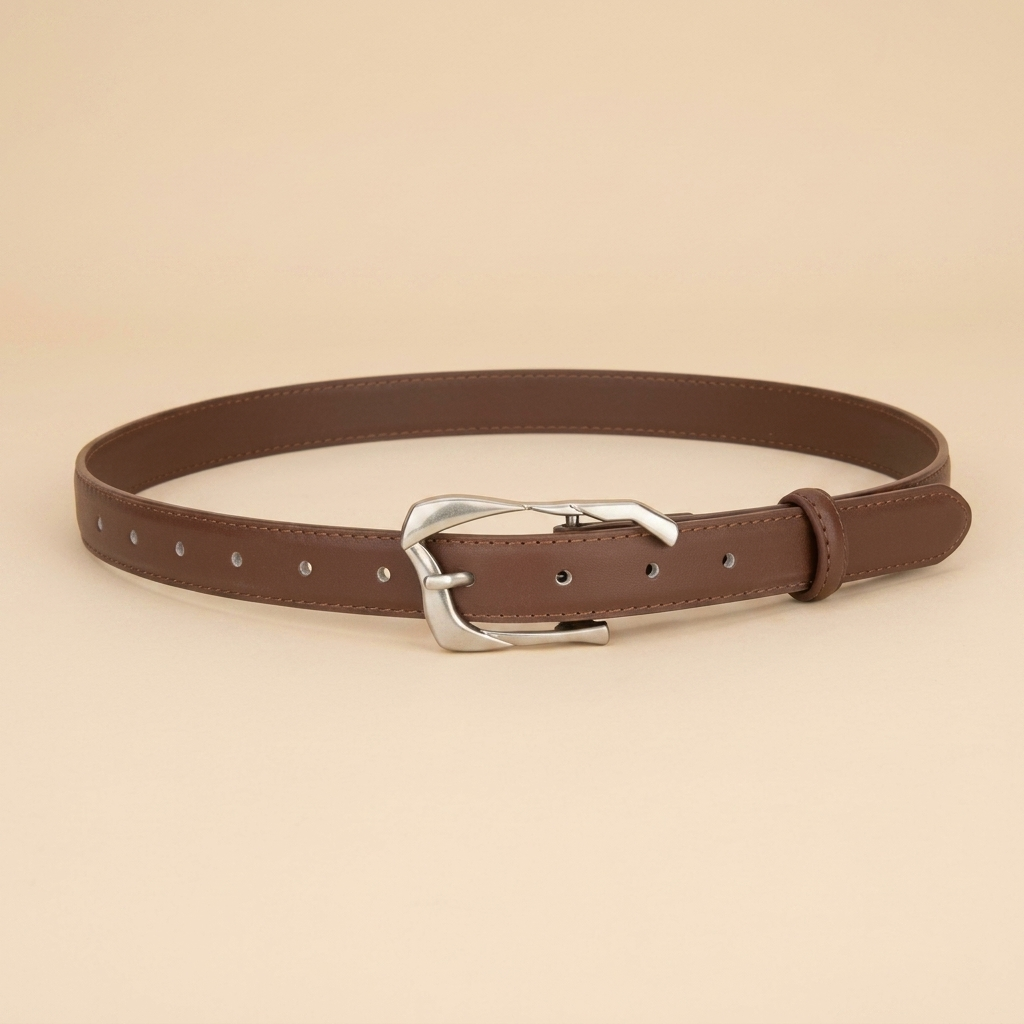 Black Leather Belt with Silver Buckle - Irregular Pin Buckle