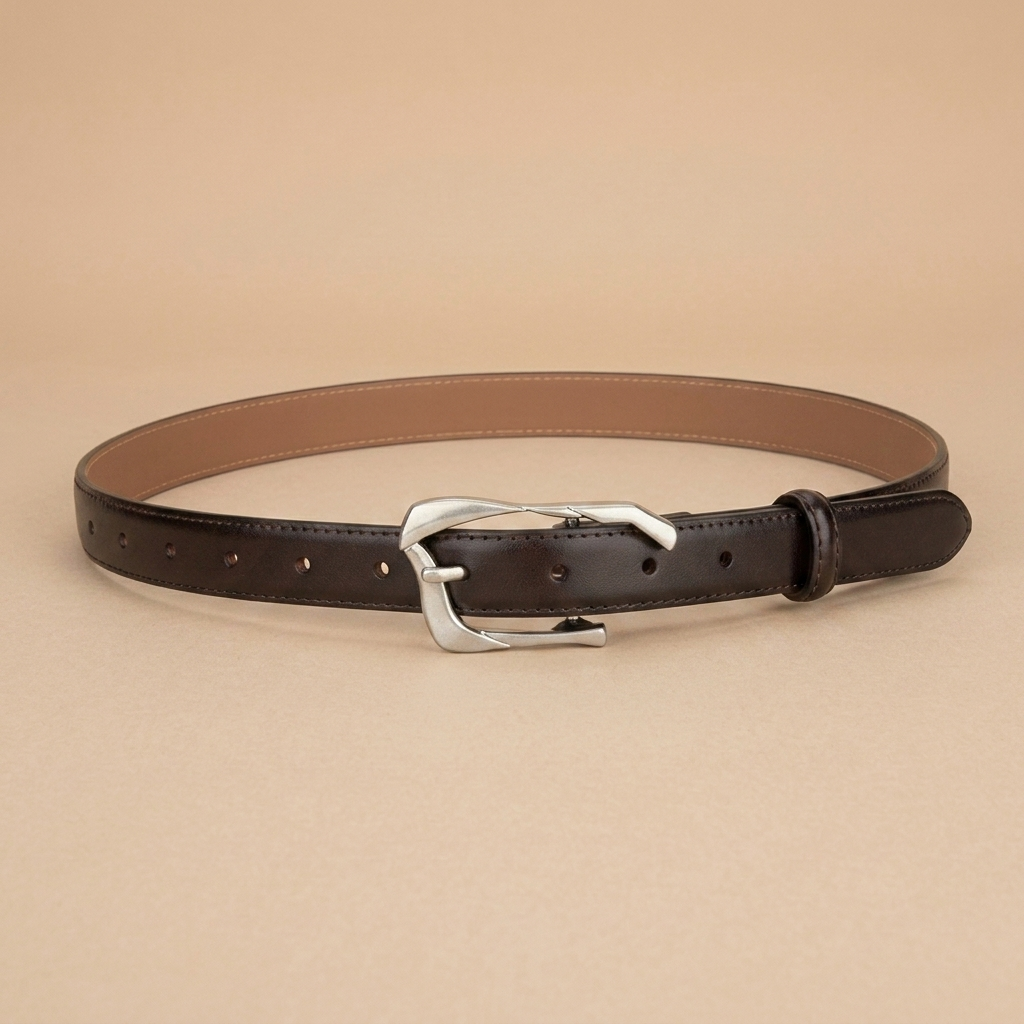 Black Leather Belt with Silver Buckle - Irregular Pin Buckle