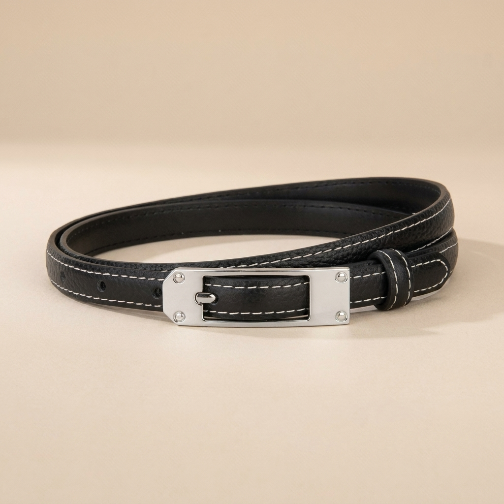 Black Leather Belt with Silver Buckle-Pin Buckle