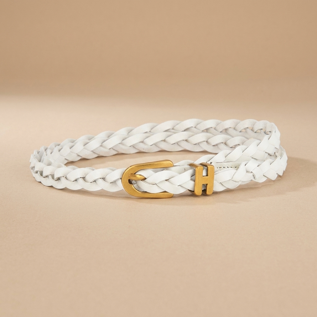 Braided Leather Belt for Women - Gold H-Buckle