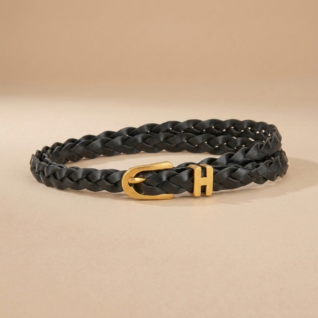 Braided Leather Belt for Women - Gold H-Buckle