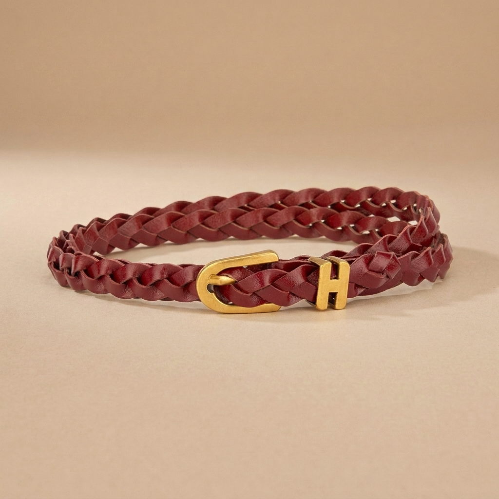 Braided Leather Belt for Women - Gold H-Buckle