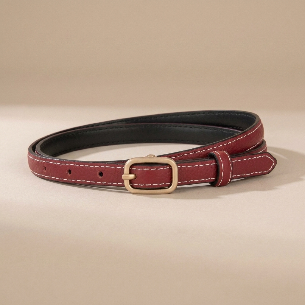 Classic Leather Belt for Women - Slim Pin Buckle in Full-Grain Leather