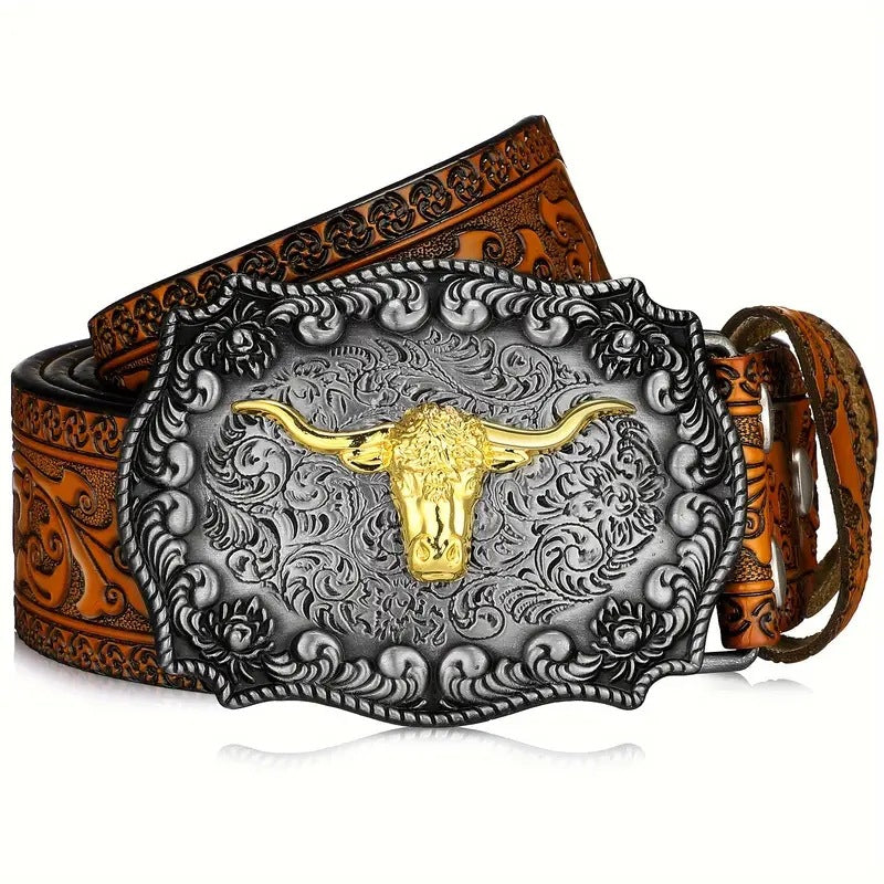 Cowboy Belt for Men-Black/Brown Leather-Bull Buckle-Western Belt