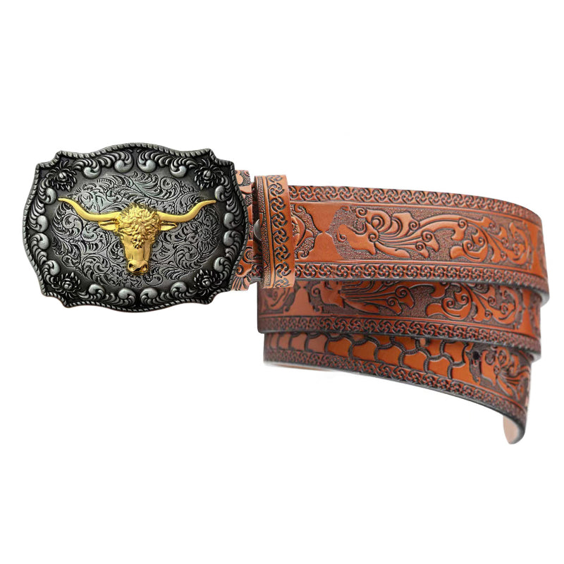 Cowboy Belt for Men-Black/Brown Leather-Bull Buckle-Western Belt