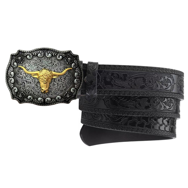 Cowboy Belt for Men-Black/Brown Leather-Bull Buckle-Western Belt