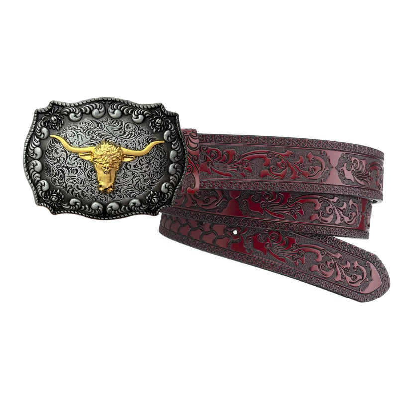 Cowboy Belt for Men-Black/Brown Leather-Bull Buckle-Western Belt