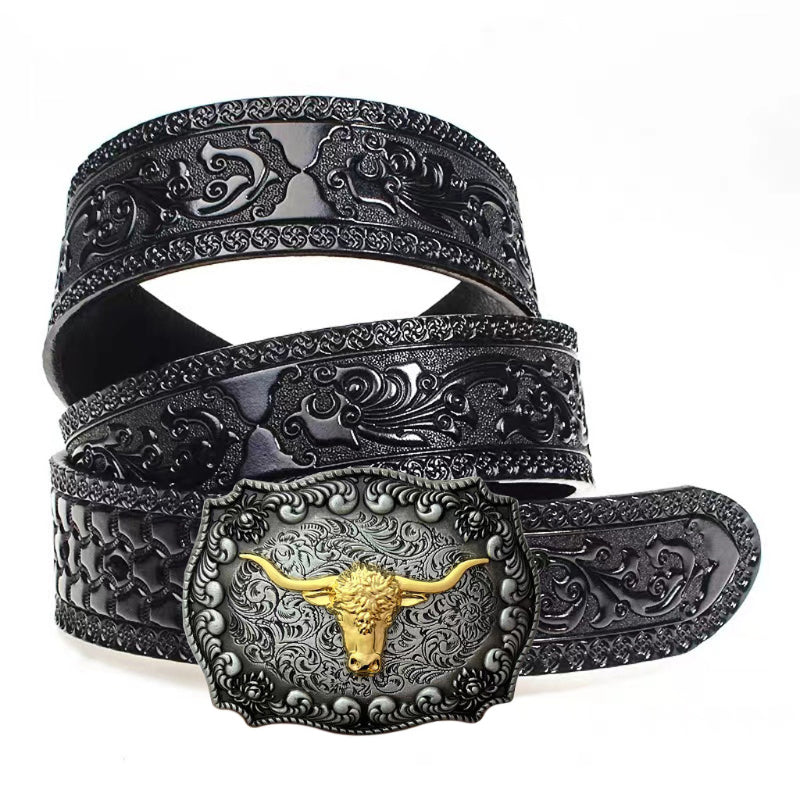 Cowboy Belt for Men-Black/Brown Leather-Bull Buckle-Western Belt