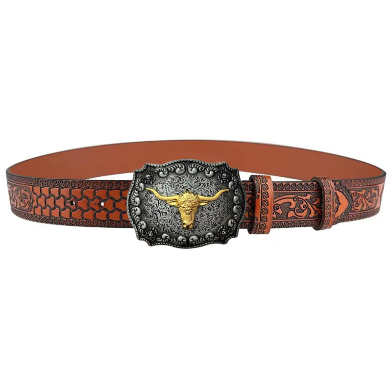 Cowboy Belt for Men-Black/Brown Leather-Bull Buckle-Western Belt