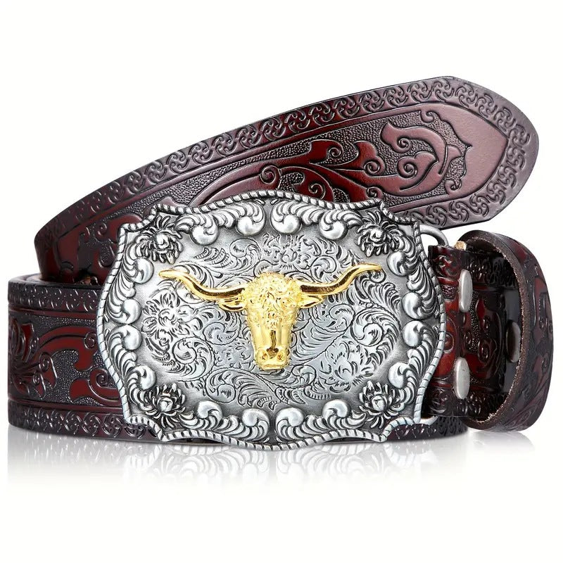 Cowboy Belt for Men-Black/Brown Leather-Bull Buckle-Western Belt