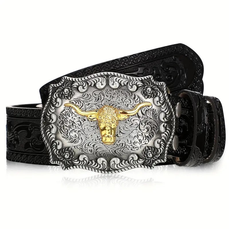 Cowboy Belt for Men-Black/Brown Leather-Bull Buckle-Western Belt