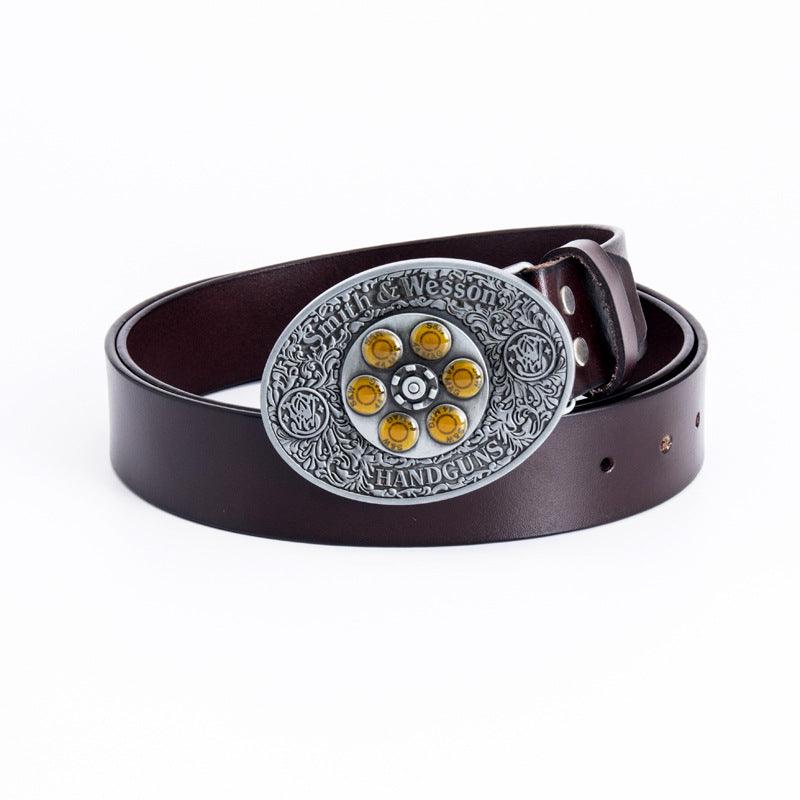 Cowboy Belt for Men-Black/Brown Leather-Bullet Buckle-Western Style