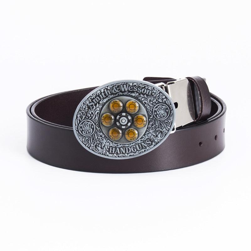 Cowboy Belt for Men-Black/Brown Leather-Bullet Buckle-Western Style