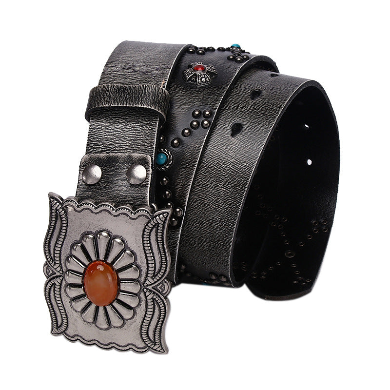 Cowboy Belt for Men-Black-Studded and Gemstone Buckle-Western Style