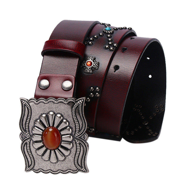 Cowboy Belt for Men-Black-Studded and Gemstone Buckle-Western Style