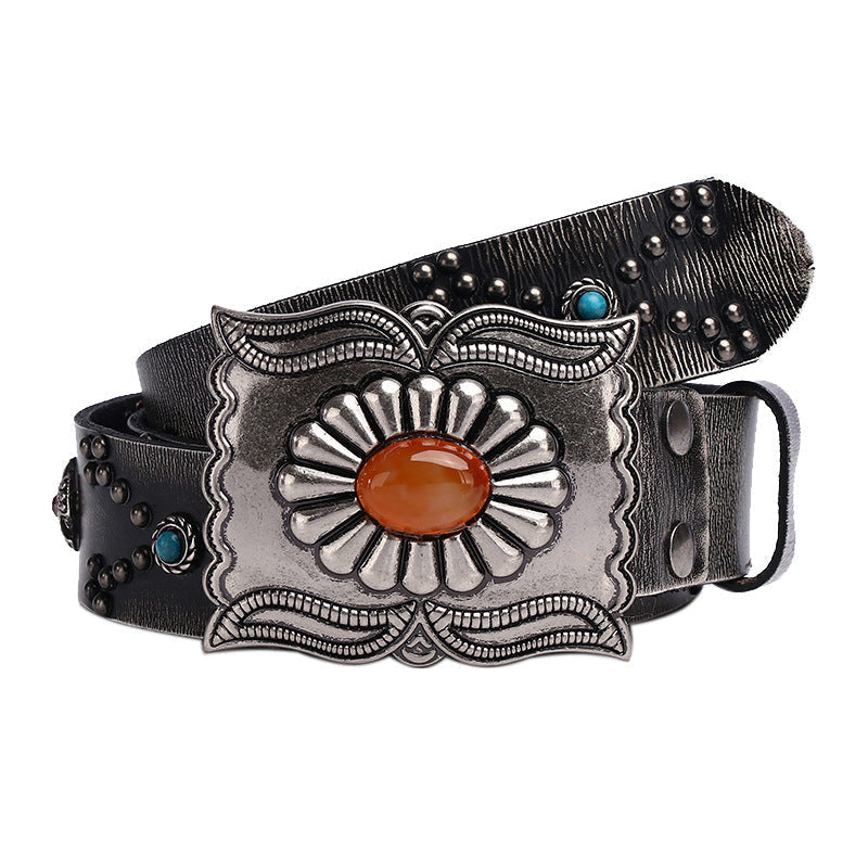 Cowboy Belt for Men-Black-Studded and Gemstone Buckle-Western Style