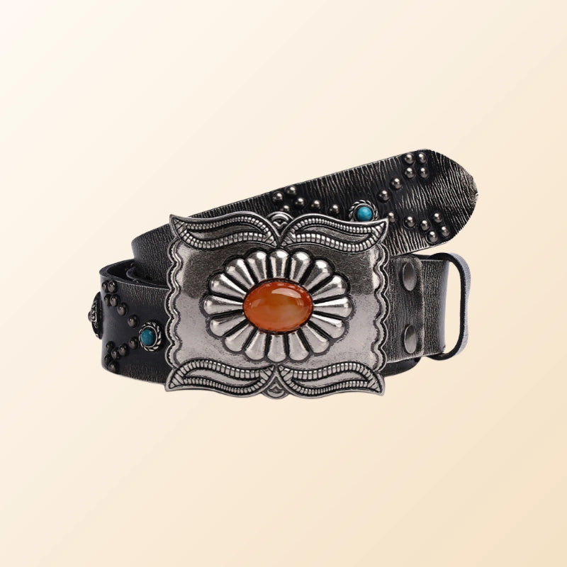 Iron Bloom-Cowboy Belt for Men-Black Studded and Gemstone Buckle