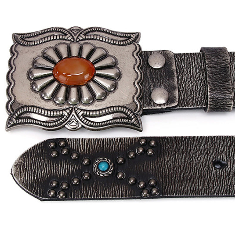 Cowboy Belt for Men-Black-Studded and Gemstone Buckle-Western Style