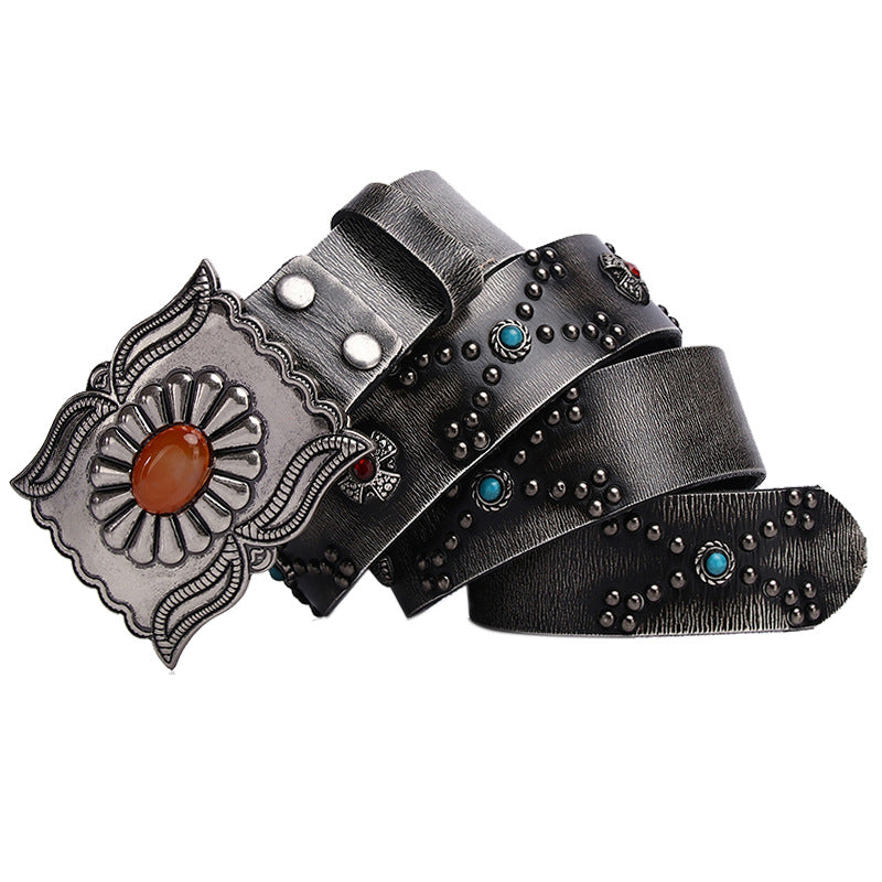 Cowboy Belt for Men-Black-Studded and Gemstone Buckle-Western Style