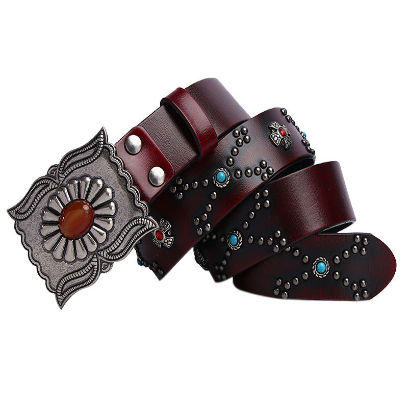 Cowboy Belt for Men-Black-Studded and Gemstone Buckle-Western Style