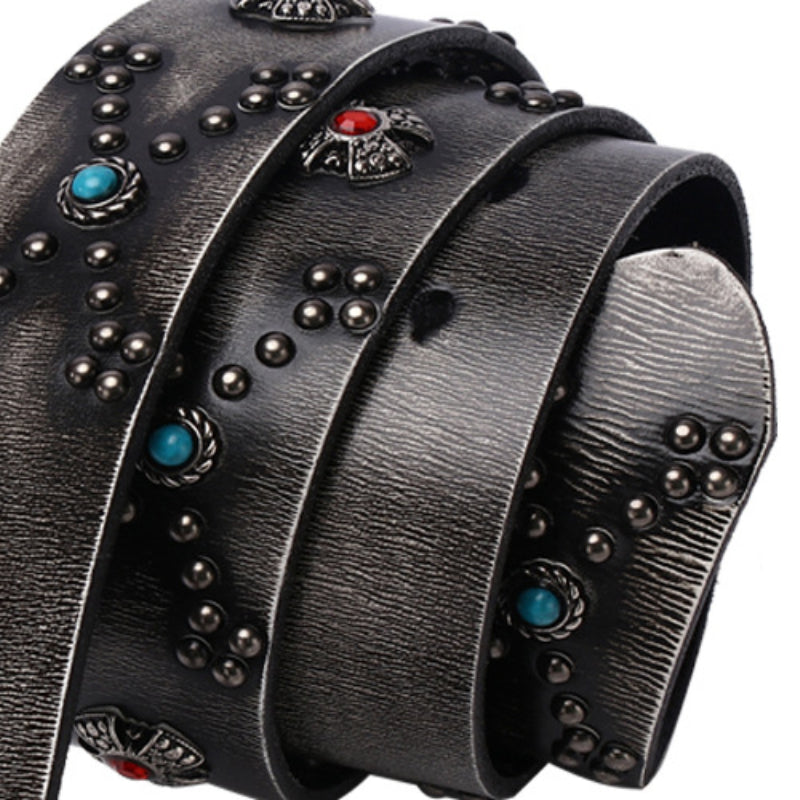 Cowboy Belt for Men-Black-Studded and Gemstone Buckle-Western Style