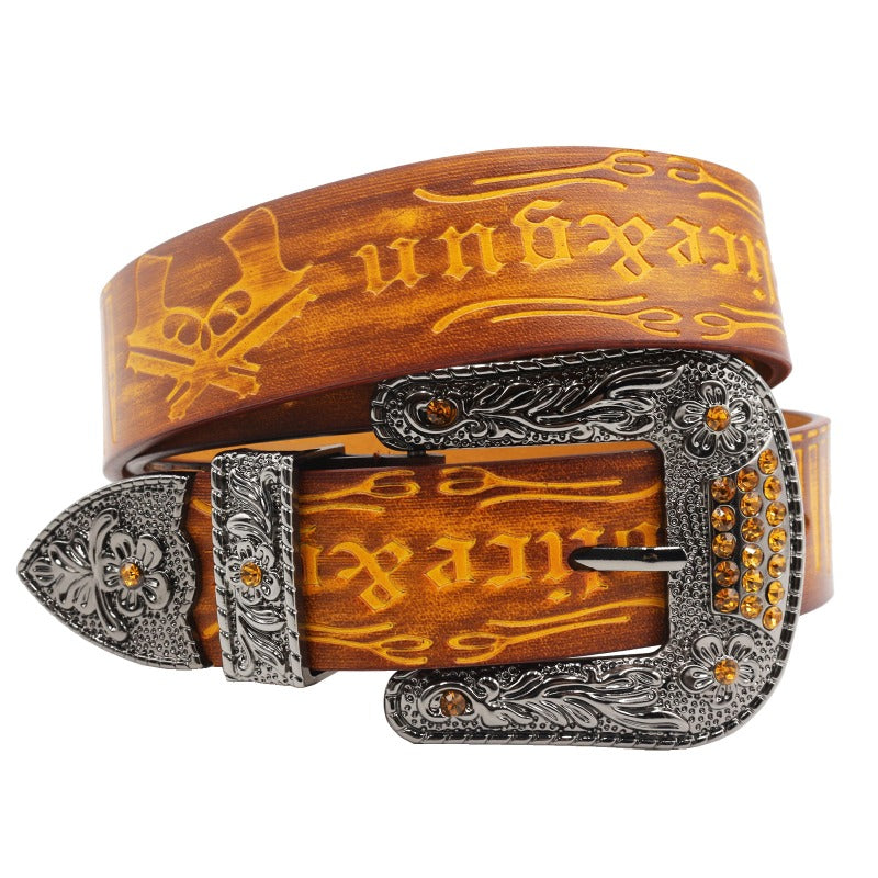 Cowboy Belt for Men-Yellow Strap-Gun Pattern Buckle-Men’s Western Belt