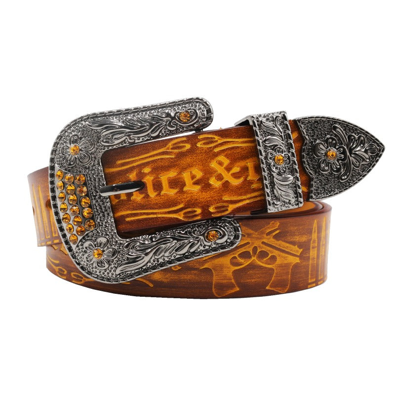 Cowboy Belt for Men-Yellow Strap-Gun Pattern Buckle-Men’s Western Belt