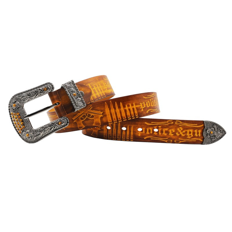 Cowboy Belt for Men-Yellow Strap-Gun Pattern Buckle-Men’s Western Belt